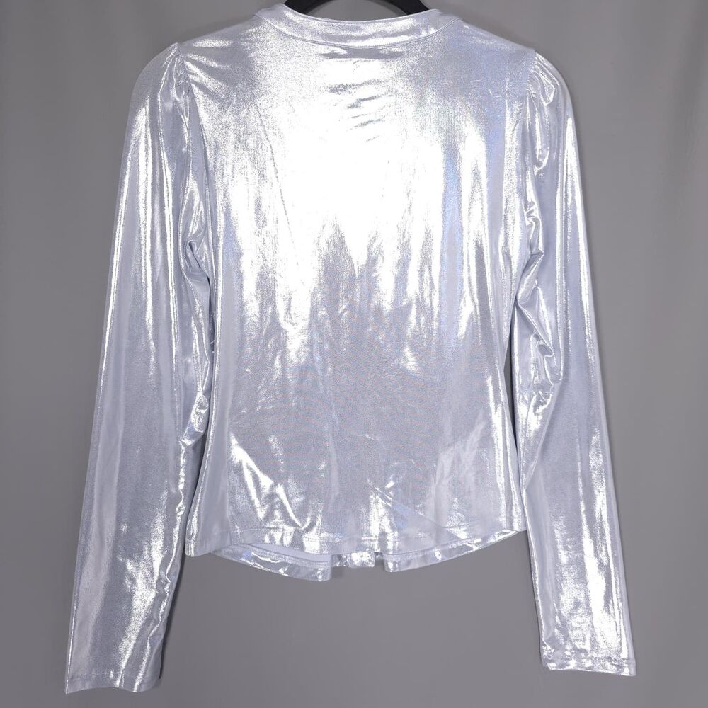 ANTHROPOLOGIE New Women's Top Blouse XS Metallic Silver Ruched Button Stretch - Picture 6 of 9